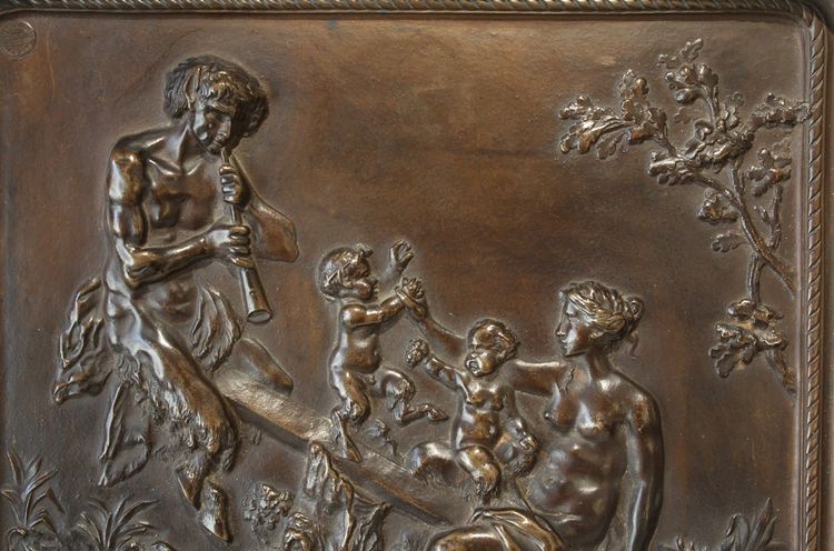 Grande placca in bronzo con scena satirica secondo Clodion, Thiébaut Frères XIX secolo