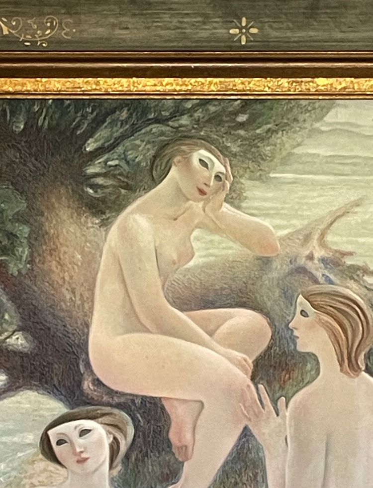 Magnifique huile sur toile signée Alfonso Arana, peintre americain, représentant des baigneuses.