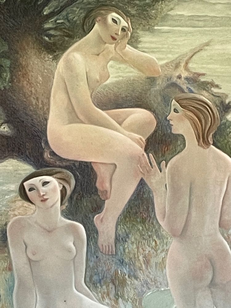 Magnifique huile sur toile signée Alfonso Arana, peintre americain, représentant des baigneuses.