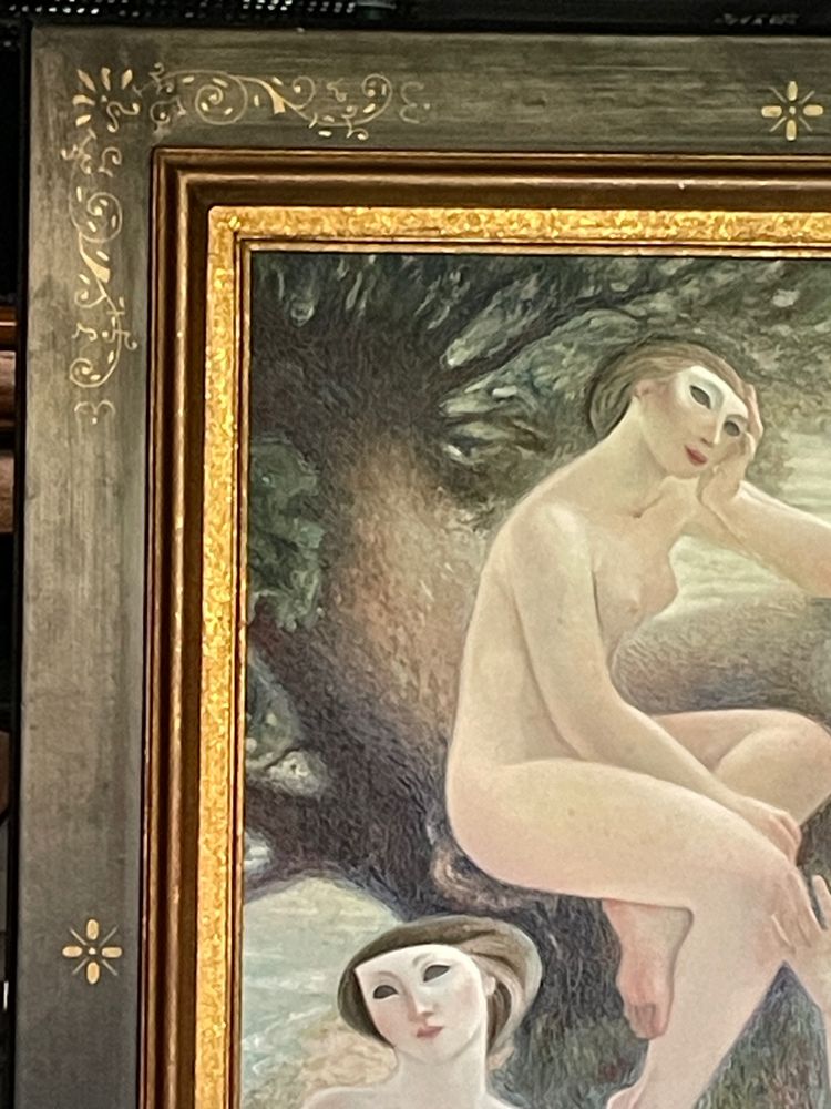 Magnifique huile sur toile signée Alfonso Arana, peintre americain, représentant des baigneuses.
