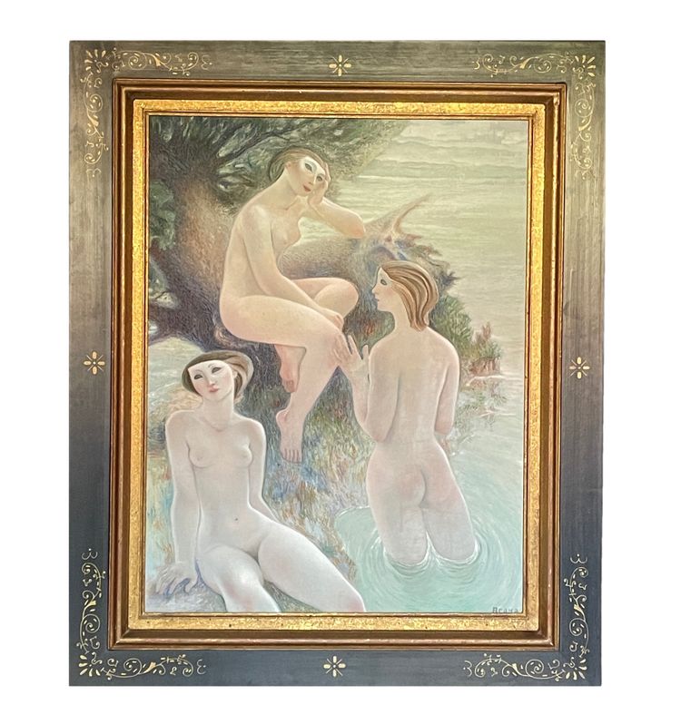 Magnifique huile sur toile signée Alfonso Arana, peintre americain, représentant des baigneuses.