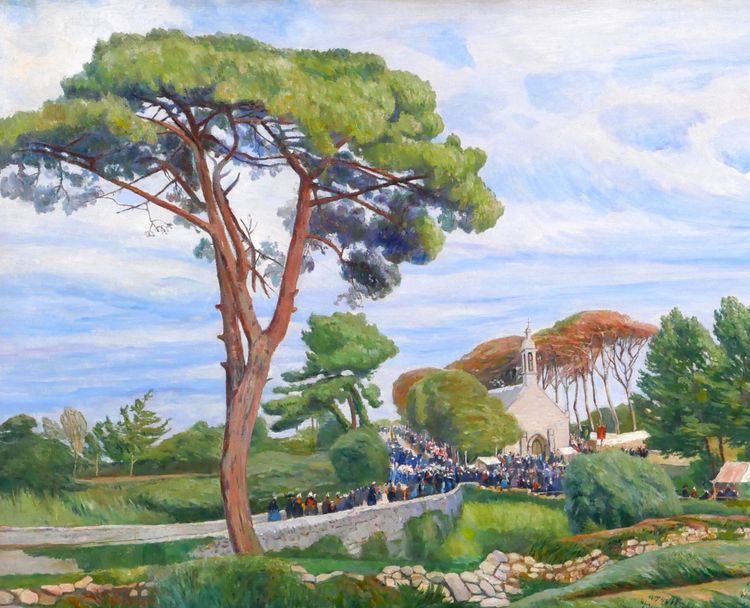 Edmond CHAMPON 1879-1963 Bretagne, Loctudy, scène de pardon, grand tableau 1911 paysage