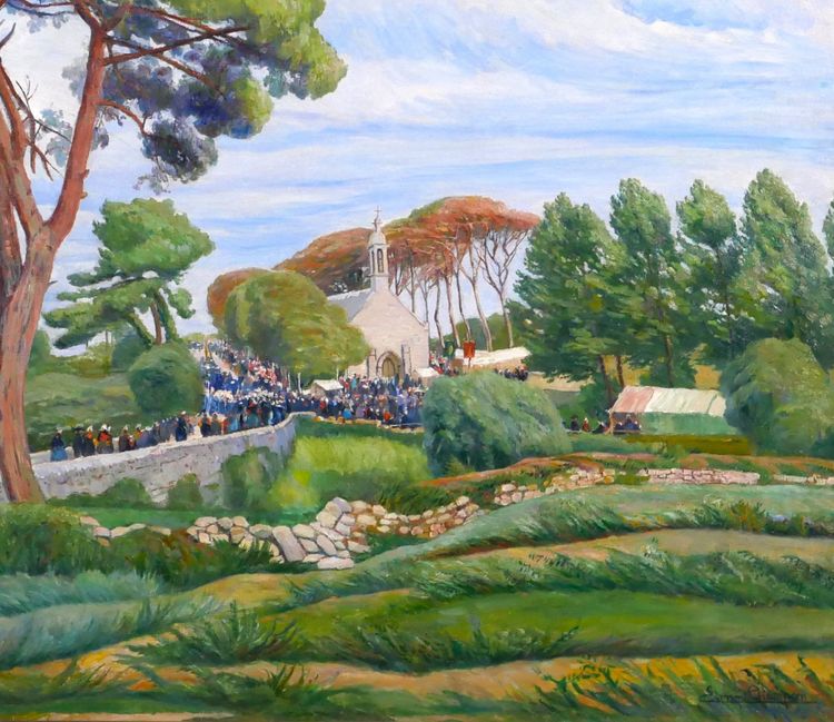 Edmond CHAMPON 1879-1963 Bretagne, Loctudy, scène de pardon, grand tableau 1911 paysage