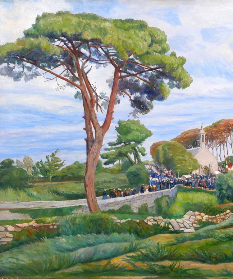 Edmond CHAMPON 1879-1963 Bretagne, Loctudy, scène de pardon, grand tableau 1911 paysage