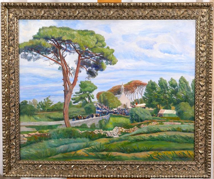 Edmond CHAMPON 1879-1963 Bretagne, Loctudy, scène de pardon, grand tableau 1911 paysage