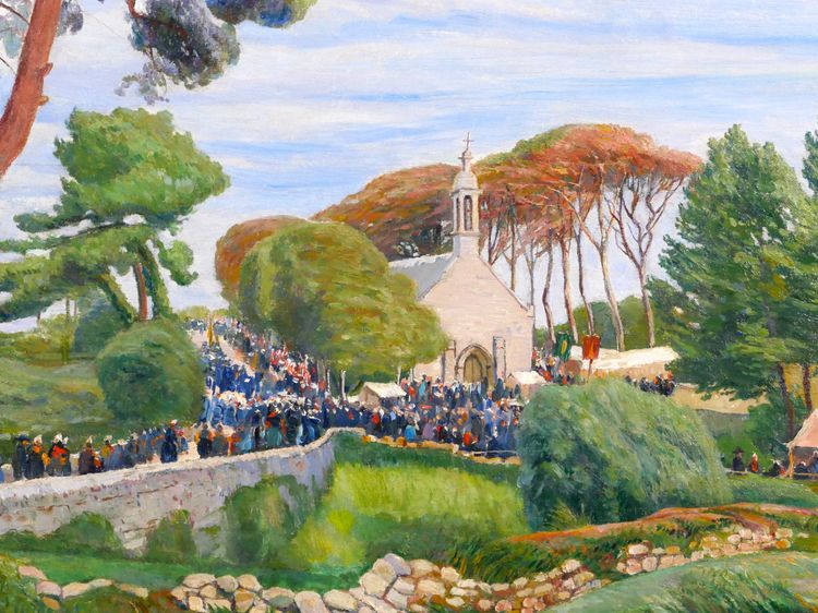 Edmond CHAMPON 1879-1963 Bretagne, Loctudy, scène de pardon, grand tableau 1911 paysage