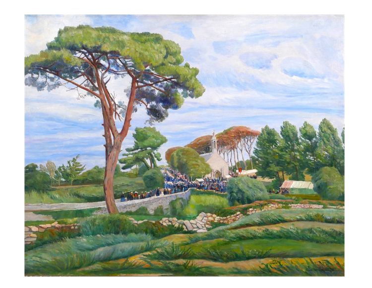 Edmond CHAMPON 1879-1963 Bretagne, Loctudy, scène de pardon, grand tableau 1911 paysage
