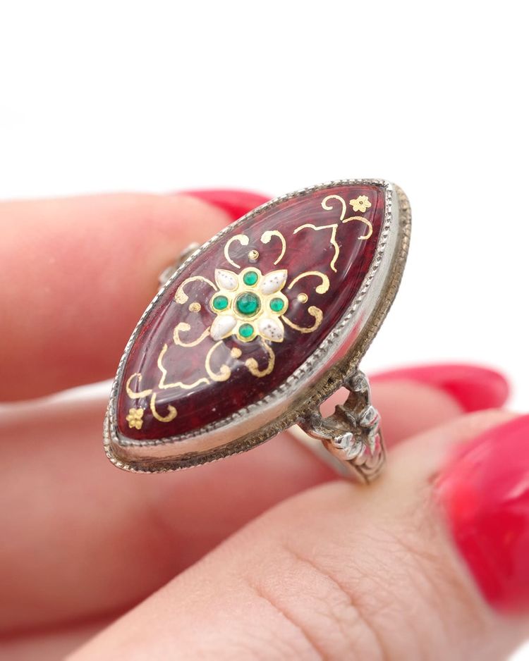 Bague marquise émail bressan en argent, Bague ancienne, bague régionale, bijou ancien régionaux