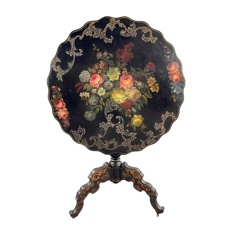 Napoleon III Säulentisch aus lackiertem Holz, Blumendekor, 19. Jahrhundert
