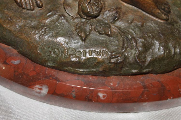 Sculpture signée Charles Théodore Perron 2 enfants portant un panier patine bronze ép. fin 19ème