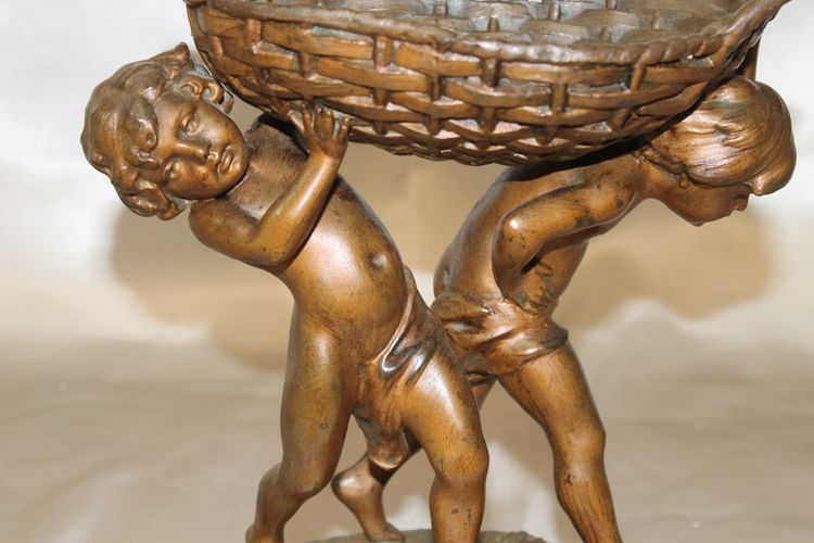 Sculpture signée Charles Théodore Perron 2 enfants portant un panier patine bronze ép. fin 19ème