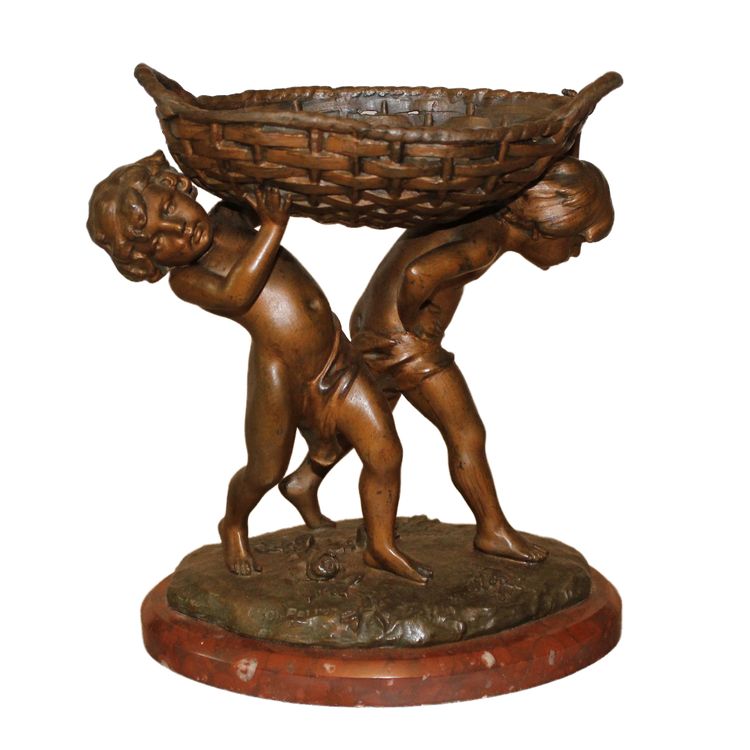 Sculpture signée Charles Théodore Perron 2 enfants portant un panier patine bronze ép. fin 19ème