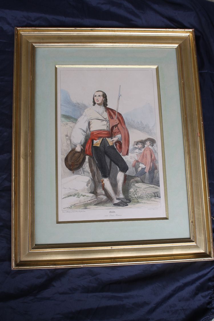 2 lithographies couleurs d'Eugène Déveria guide et lavandière à Eaux-Bonnes Pyrénées ép. 19ème