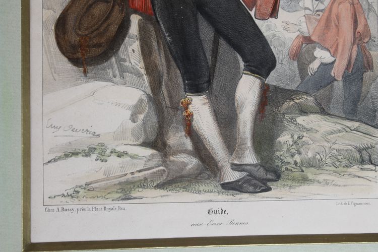 2 lithographies couleurs d'Eugène Déveria guide et lavandière à Eaux-Bonnes Pyrénées ép. 19ème