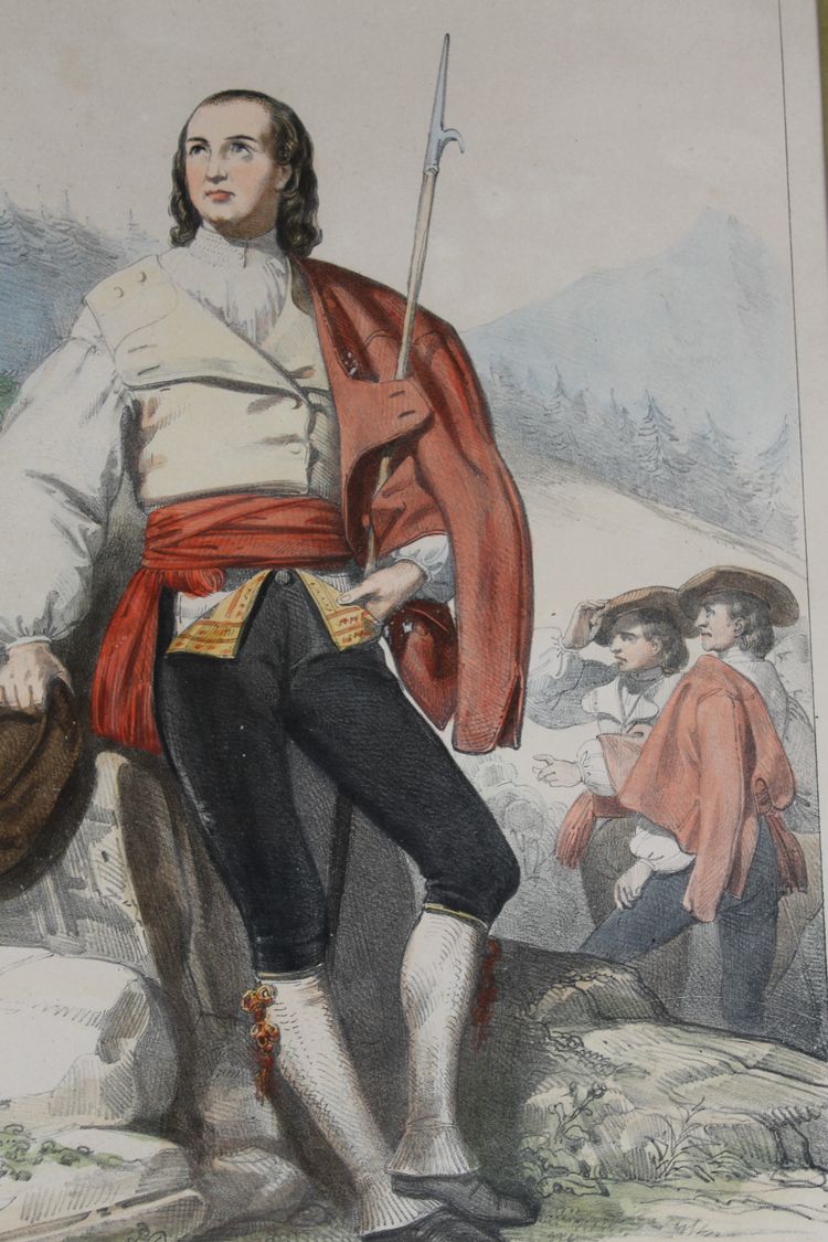 2 lithographies couleurs d'Eugène Déveria guide et lavandière à Eaux-Bonnes Pyrénées ép. 19ème