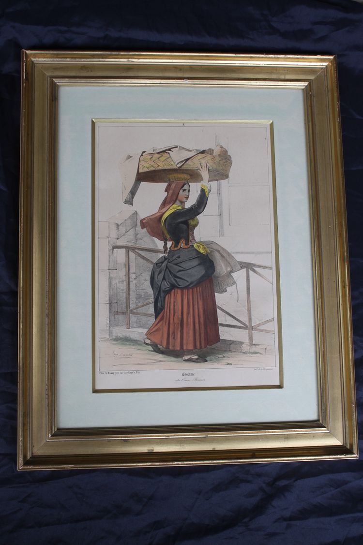 2 lithographies couleurs d'Eugène Déveria guide et lavandière à Eaux-Bonnes Pyrénées ép. 19ème