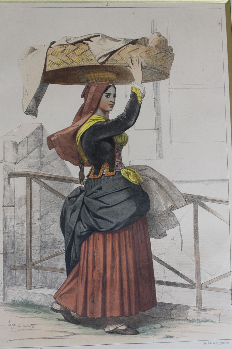 2 lithographies couleurs d'Eugène Déveria guide et lavandière à Eaux-Bonnes Pyrénées ép. 19ème