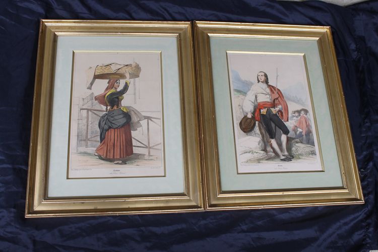 2 lithographies couleurs d'Eugène Déveria guide et lavandière à Eaux-Bonnes Pyrénées ép. 19ème