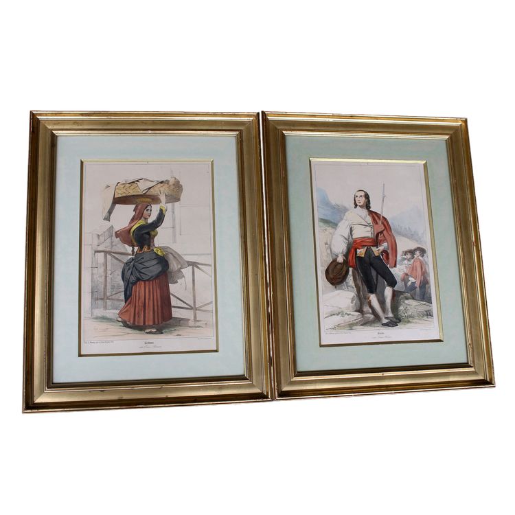2 lithographies couleurs d'Eugène Déveria guide et lavandière à Eaux-Bonnes Pyrénées ép. 19ème