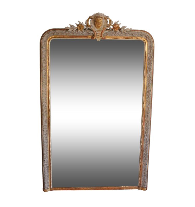 107 x 173 cm Napoleon III pearled mirror, Louis XV-style pediment décor, gold leaf and patina