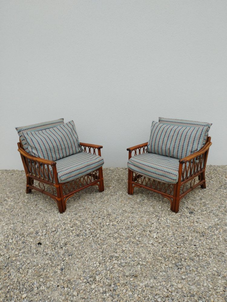 Coppia di poltrone, due, 2 poltrone vintage in rattan con seduta imbottita