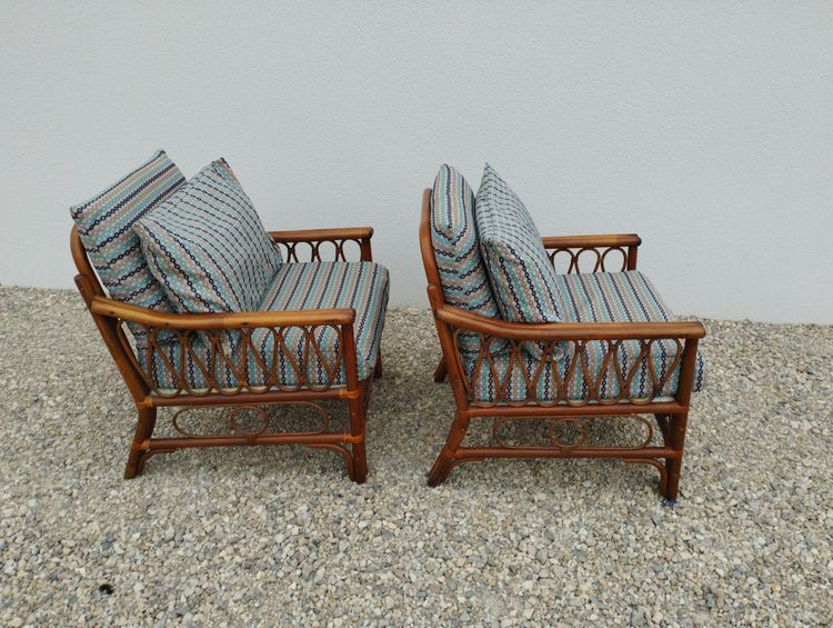 Coppia di poltrone, due, 2 poltrone vintage in rattan con seduta imbottita