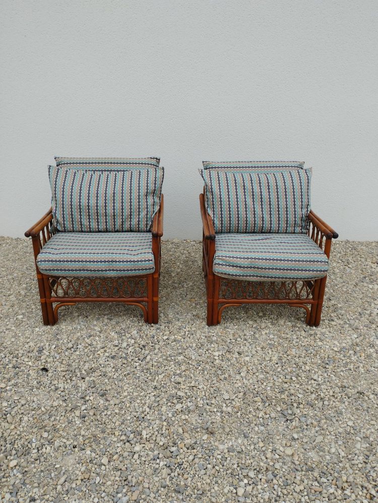 Coppia di poltrone, due, 2 poltrone vintage in rattan con seduta imbottita