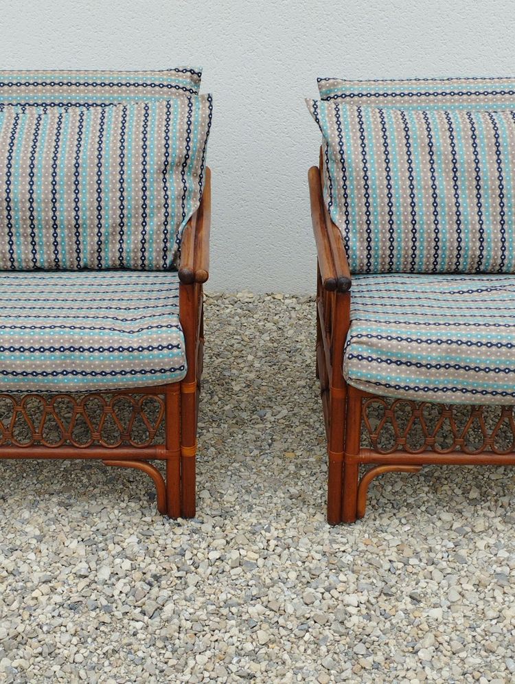 Coppia di poltrone, due, 2 poltrone vintage in rattan con seduta imbottita