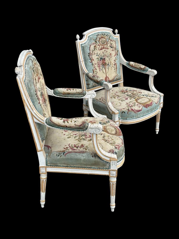 Pair Of Louis XVI Period Cabriolet Armchairs - Lacquered Beech And 18th Century Tapestry Trim