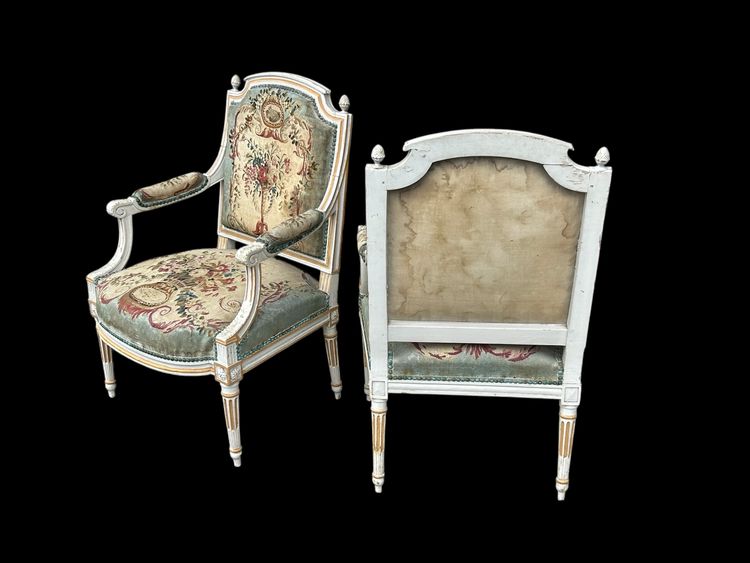 Pair Of Louis XVI Period Cabriolet Armchairs - Lacquered Beech And 18th Century Tapestry Trim