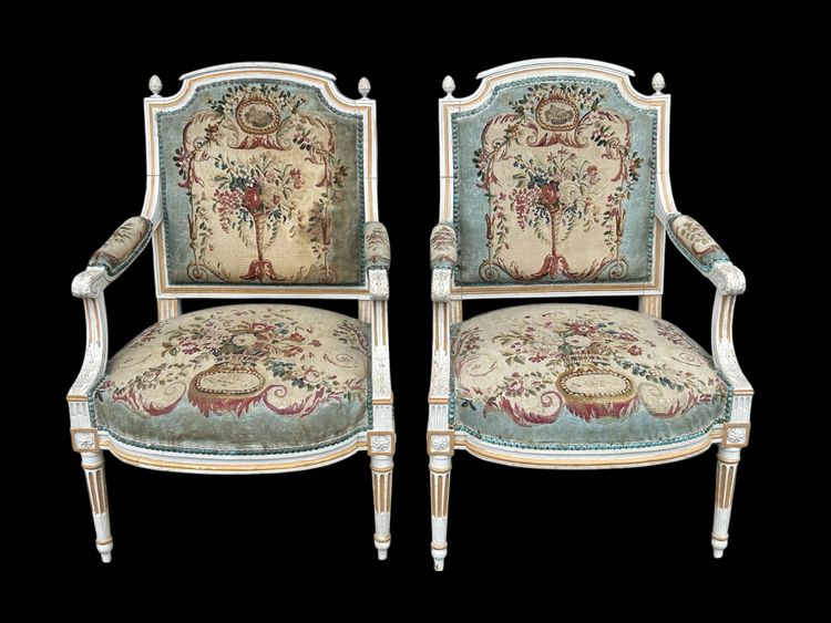Pair Of Louis XVI Period Cabriolet Armchairs - Lacquered Beech And 18th Century Tapestry Trim