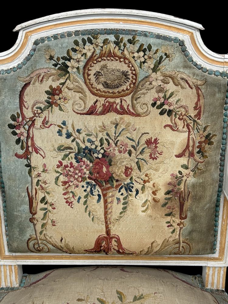 Pair Of Louis XVI Period Cabriolet Armchairs - Lacquered Beech And 18th Century Tapestry Trim