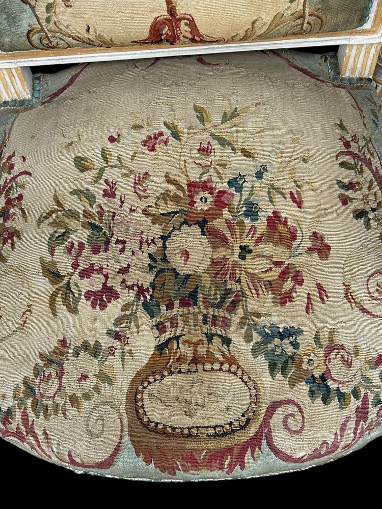 Pair Of Louis XVI Period Cabriolet Armchairs - Lacquered Beech And 18th Century Tapestry Trim