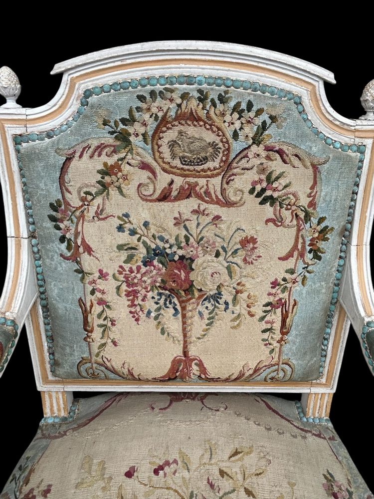 Pair Of Louis XVI Period Cabriolet Armchairs - Lacquered Beech And 18th Century Tapestry Trim
