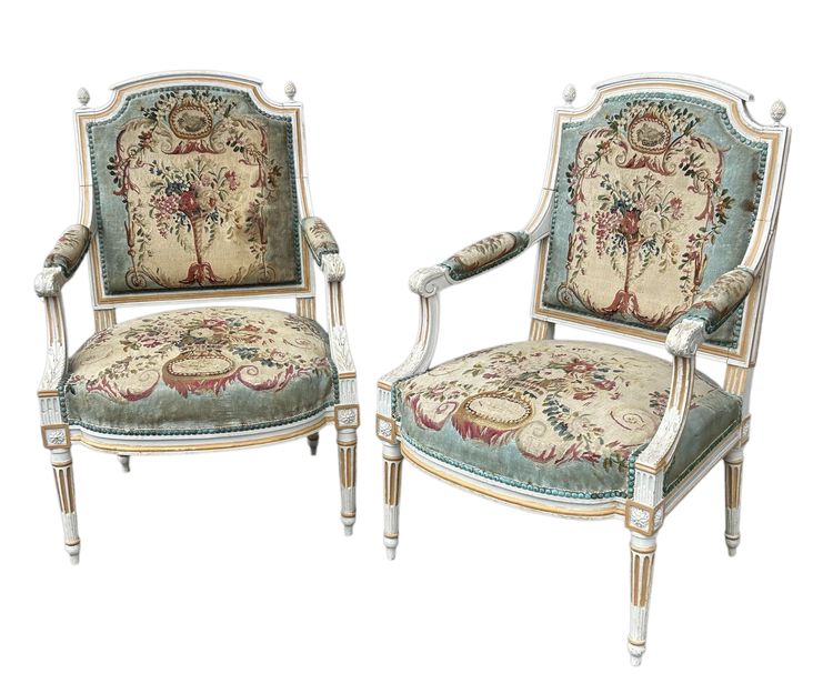 Pair Of Louis XVI Period Cabriolet Armchairs - Lacquered Beech And 18th Century Tapestry Trim