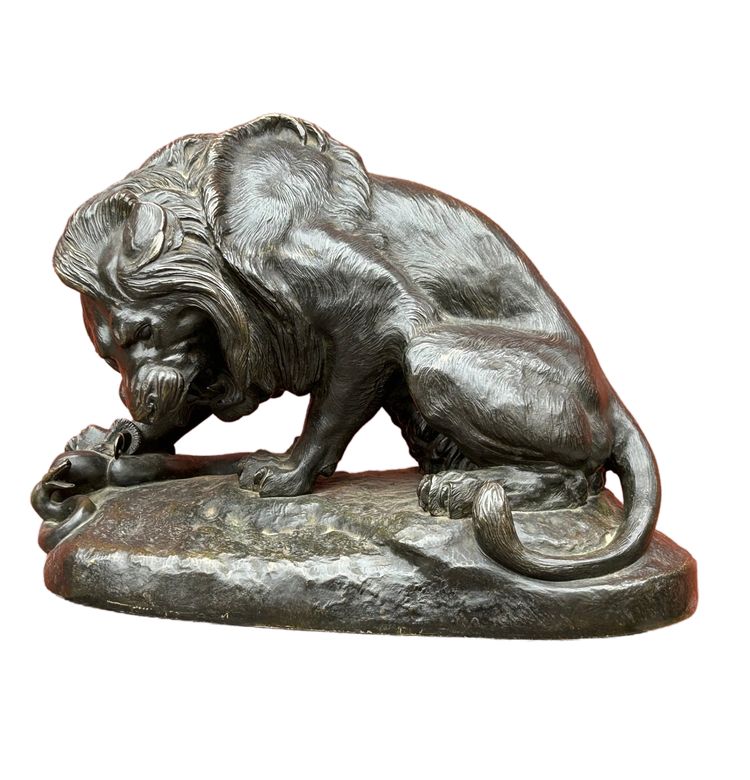 Importante bronzo Lion Au Serpent Ou Lion Des Tuileries di Antoine Louis Barye Fine XIX secolo