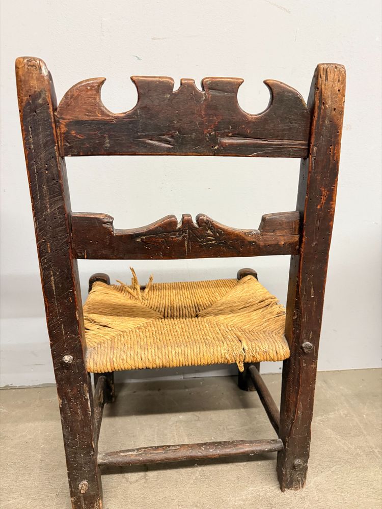 Antique and rare 17th century child's chair, walnut and straw, 73x34cm