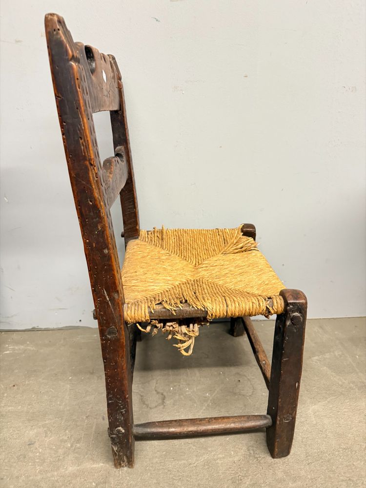Antique and rare 17th century child's chair, walnut and straw, 73x34cm