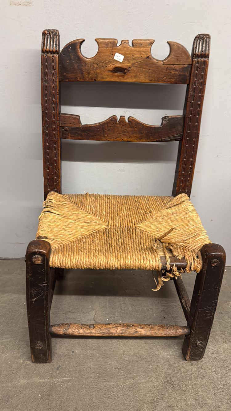Antique and rare 17th century child's chair, walnut and straw, 73x34cm