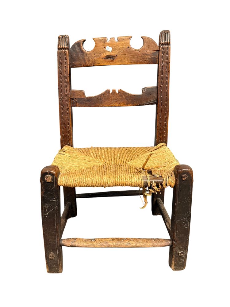 Antique and rare 17th century child's chair, walnut and straw, 73x34cm