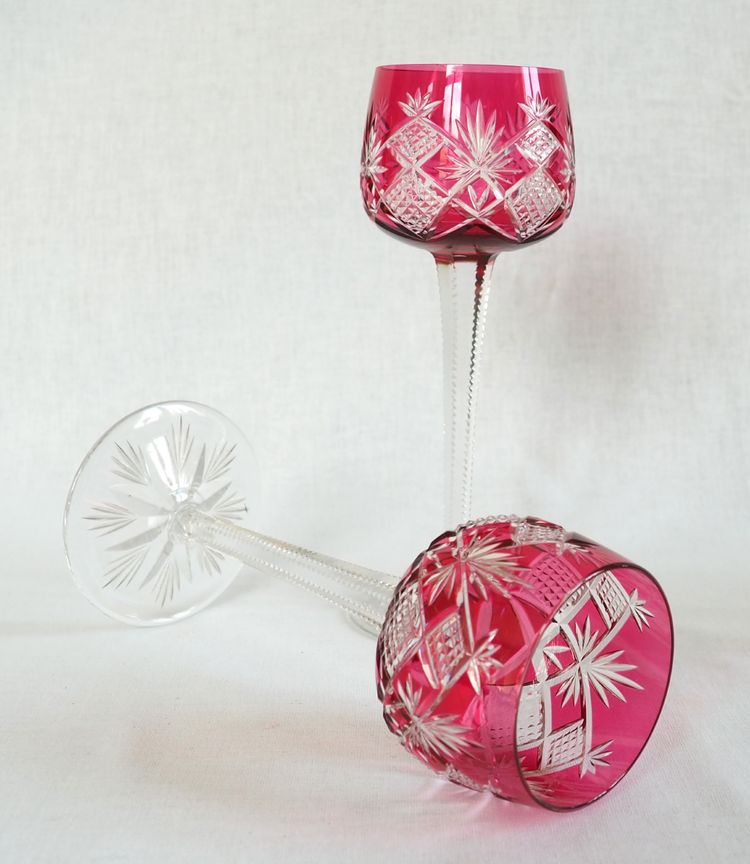 6 Baccarat crystal Rhine wine glasses, Hyères model, pink crystal overlay