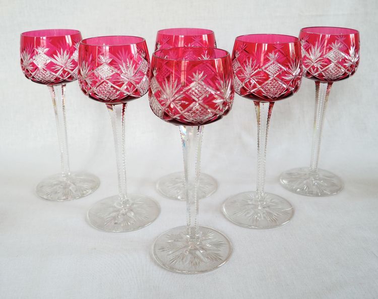6 Baccarat crystal Rhine wine glasses, Hyères model, pink crystal overlay