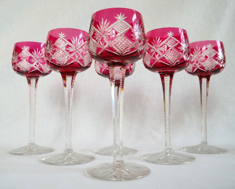 6 Baccarat crystal Rhine wine glasses, Hyères model, pink crystal overlay