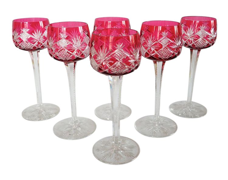 6 Baccarat crystal Rhine wine glasses, Hyères model, pink crystal overlay