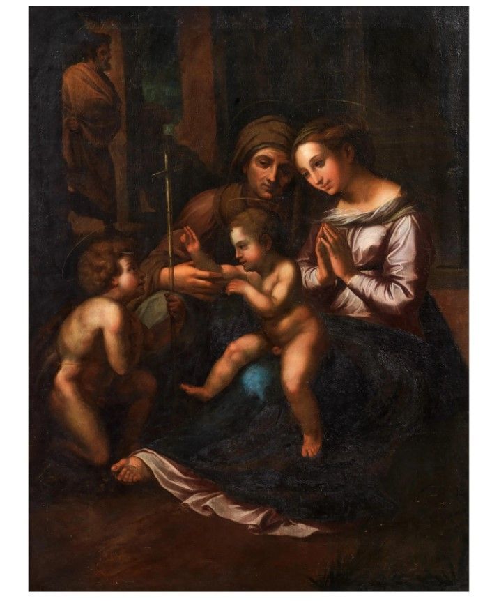 Anonymous, 17th century, Madonna with Child, Saint John the Baptist, and Elizabeth copy of Raphael