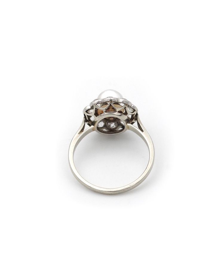 Bague perle fine Belle Epoque en or 18k et platine, perle fine certifiée, bague ancienne