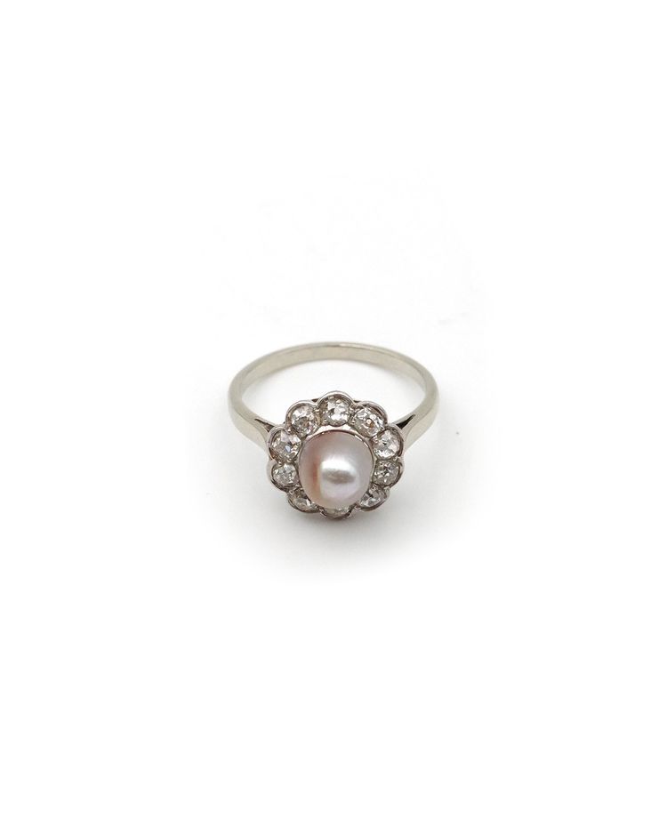Bague perle fine Belle Epoque en or 18k et platine, perle fine certifiée, bague ancienne