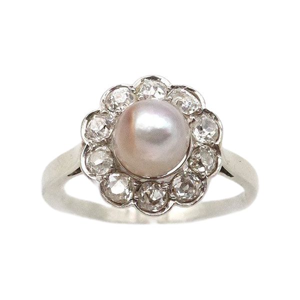Bague perle fine Belle Epoque en or 18k et platine, perle fine certifiée, bague ancienne