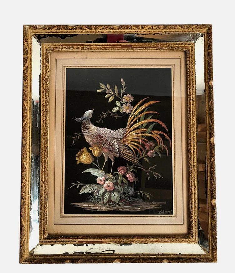Coppia di gouaches su carta, uccelli e fiori