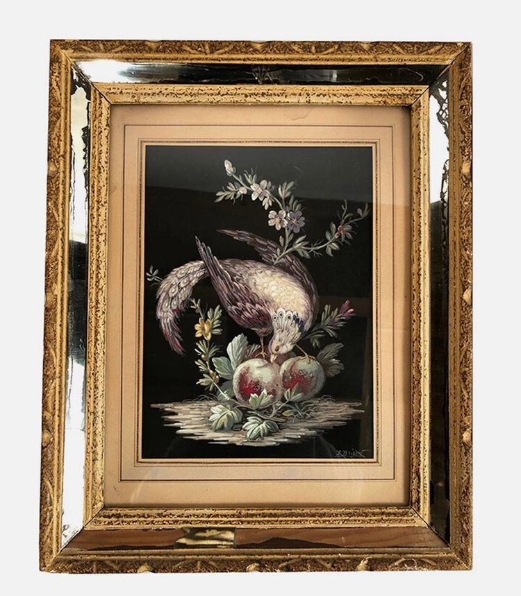 Coppia di gouaches su carta, uccelli e fiori